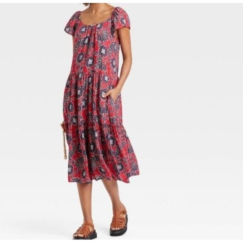 Knox Rose Red Floral Flutter Sleeve Midi Dress -Womens SMALL - NEW